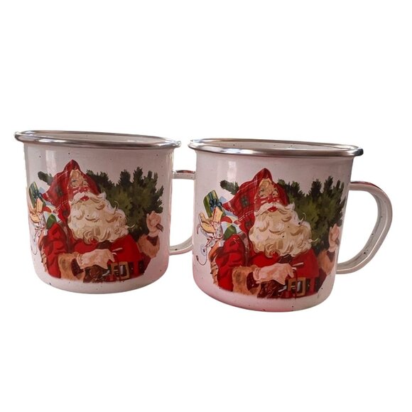 VTG Hallmark Santa Claus Enamel Mugs Set of 2 WHT RED GRN Festive Jolly Holiday - Picture 2 of 9